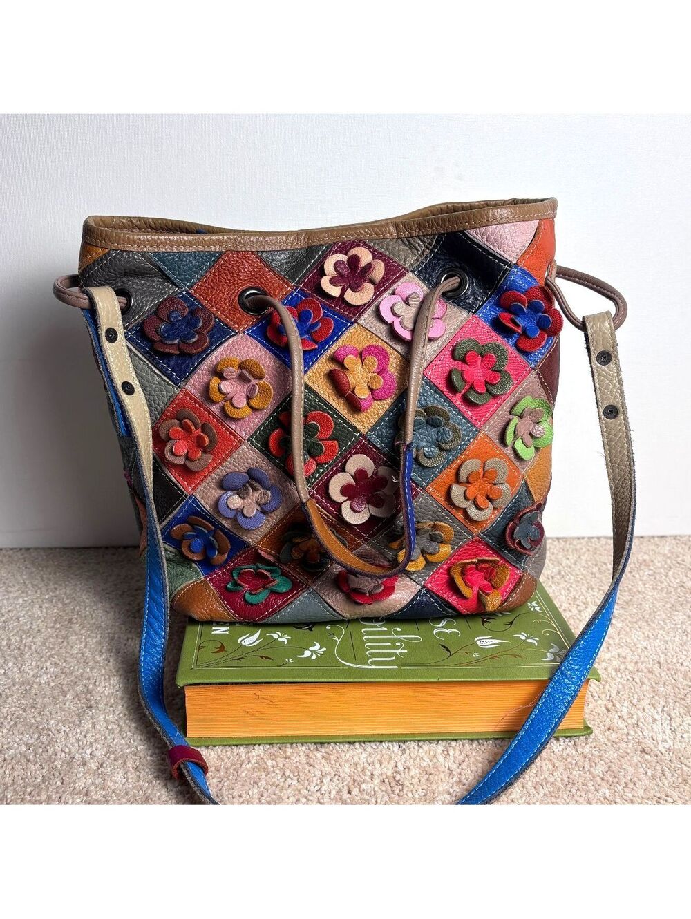 Colorful Leather Patchwork Floral Applique Purse